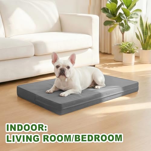 Image of Waterproof Dog Bed Washable Wipeable, Orthopedic Medium Crate Pad 30 inch | Outdoor Pet Bed Foam, Reversible Faux Leather Removable Cover, Durable Puppy Mats, Anti-Slip Kennel Pads 29 inchx18 inch Gray