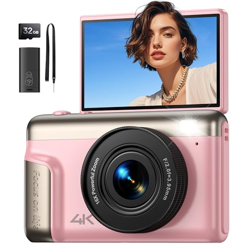Digitalkamera 4K Fotokamera 64MP Kamera: Vlogging Fotoapparat für Videos mit 3' Klapp-Bildschirm Tragbare Batterie Kompaktkamera mit 16X Digitalzoom 32GB Karte für Kinder Anfänger Studenten (Rosa)