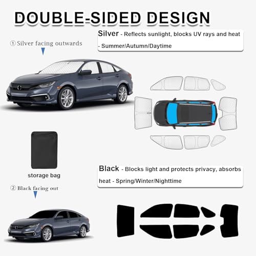 Image of KMF 8pcs Thicken Sun Shades for Honda Civic Sedan 2022-2025 2026(Not Hatchback) Accessories,Full Car Window Covers Sunshade for Windshield Side Rear, UV Block and Blackout Privacy for Camping
