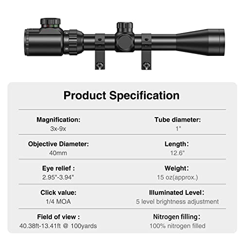 Cvlife 3-9X40 Rifle Scope, Red & Green Illuminated Optical Gun Scope For Hunting With 20Mm Free Mounts(Mil-Dot) #TOP3