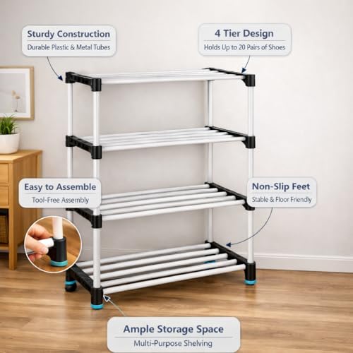 Image of PLX 4 Tier Plastic Shoe Rack for Home, Stackable Shoe Organizer Shelf Stand, Space Saving Footwear Storage Rack for Bedroom, Closet & Entryway, White