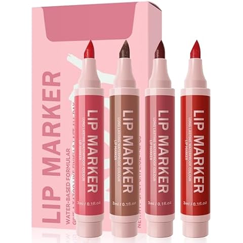 Lip Stain Marker Pen Set-4 Pcs Hydrating Lip Stain Liquid Lip Liner Pencil Kit,Longlasting Waterproof Smudgeproof Matte Color Look Finish,Precise Chisel Tip Smooth,Christmas Makeup Gift for Women Girl Cover