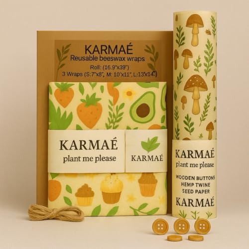 KARMAÉ Reusable Beeswax Food Wraps – 3 Pack & Roll