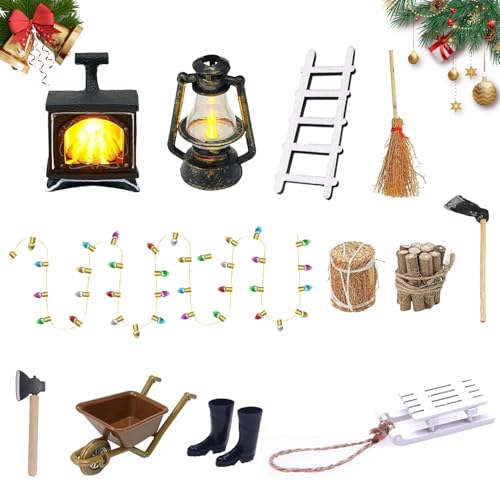 OWOAOOwl - Puppenhaus Miniatur Zubehör Set, Wichtel Zubehör Weihnachten Möbel, Glühender Kamin, Petroleumlampe, Heuhaufen, Hacke, Gummistiefel, Karren, Besen, Brennholz, Licht für 1/12 Puppenhaus (A) - -31%
