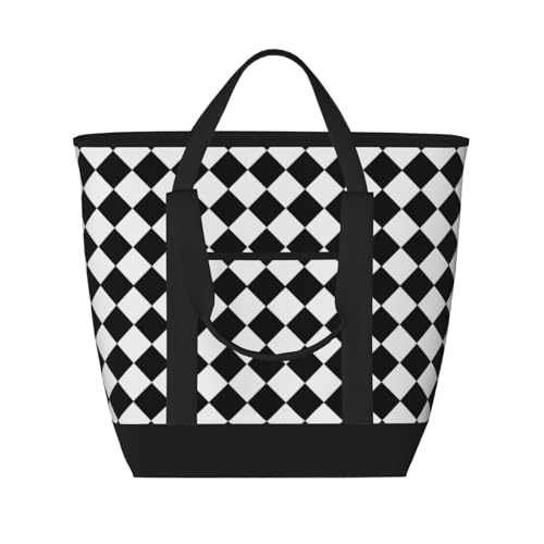 Black And White Diamond Pattern Large Capacity Insulated Shopping Tote Bag – Keeps Food Cold/Hot For Hours, Ideal For Travel, Groceries & Outdoor Use