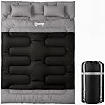 Outsunny Double Sleeping Bag with 2 Pillows, 220 x 160 cm Extra-Large Sleeping Bag for Adults, Detachable into Two Singles or Quilts, for Camping, Hiking, Black and Grey