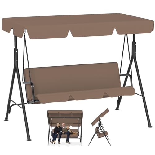Froadp Hollywoodgunga utomhus med tak, trädgårdschaukel 3-sitsig upp till 200 kg, trädgårdsstol, väderbeständig, gungbänk för vuxna i trädgården, balkong, terrass, 193 x 110 x 152 cm, mörkbrun
