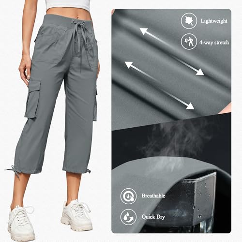 Hormtaer Hose Damen 3/4 Sommer Casual Cargohose Caprihose Jogginghose Comfy Stretch Leichte Outdoor Sport Reise Wanderhose Mit 6 Taschen (Grau, M)
