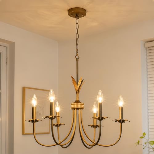 Flower Antique Brass Chandelier 6-Light Gold Chandeliers for Dining Room