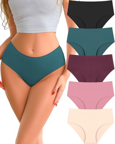 Image of UNDER THE SEA Seamless Underwear for Women Plus Size Mid Rise Lingerie Brief Sexy No Show Panties Womens Cheeky 5 Pack XS-3XL