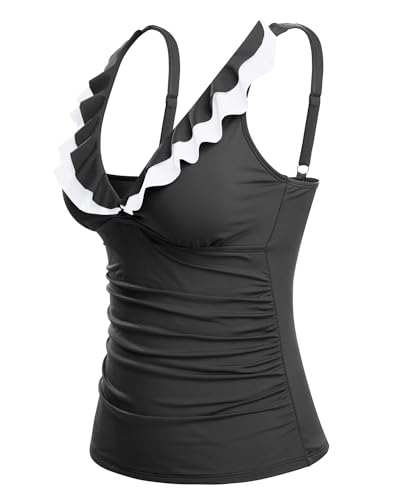 Image of Ruffle V Neck Tankini Top Only Women Tummy Control Swimsuit Tank Top | Removable cups for custom bust lift, Blend soft spandex to stretch easily
