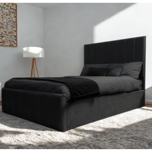 Upholstered Bed Frame with Vertical Padded Headboard, Modern Plush Velvet 4ft6 Double 5ft King Size, Black Grey Cream, Solid Pine Slats (Black, Double)