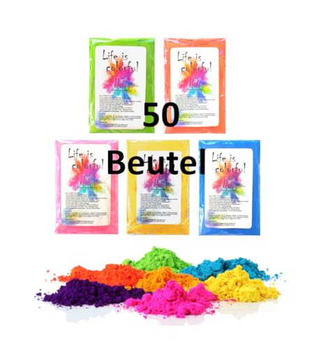 h2i Holi Pulver | 50 Beutel x 70 g | 3.500 g | 5 Farben | Holi Color Powder - 50 Farbbeutel mit leuchtenden Farben zum Werfen | für Festivals Fotoshooting Baby-Shower Party-Foto Fun & Action