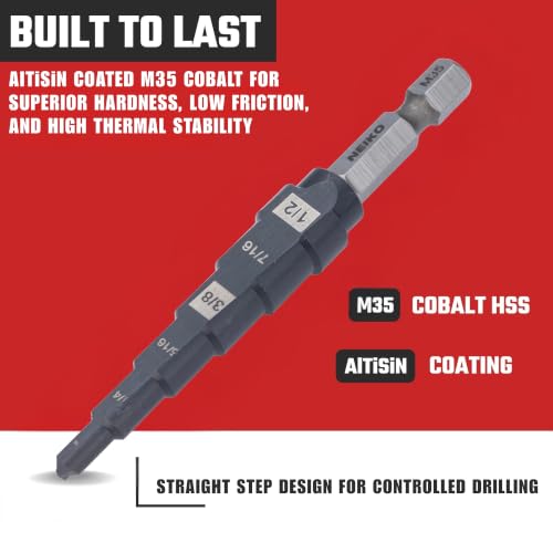 Image of NEIKO 10604B Step Drill Bit, 6 Steps 3 /16 inch to 1 /2 inch Straight M35 Cobalt, AlTiSiN Coated, 1 /4 inch Quick Change Step Bits for Steel, Metal, Wood, Plastic, Unibit Cone Drill Bits, Two Flute