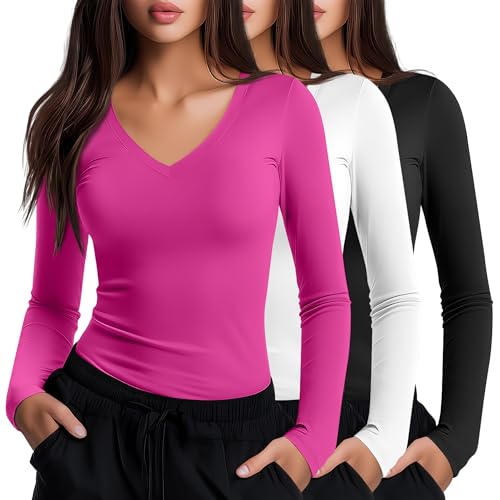 Neer 3 Pack Women Long Sleeve Underscrubs Shirt V Neck Slim Fitted Scrub Undershirts Comfort Nurse Fall Layering Tees Tops(Black, White, Rose Red,Small)