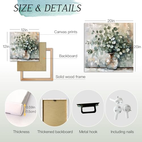 Hianan Framed Eucalyptus Leaf Wall Art, Green Botanical Wall Decor, Vintage Floral Canvas Painting, Soft Neutral Rustic Farmhouse Bathroom Art Print for Bedroom Living Room 12"x12" - image 7
