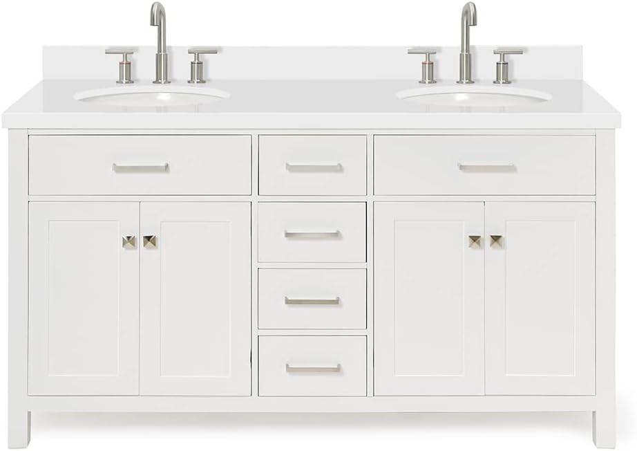 ARIEL Bristol 60-inch Bathroom Vanity with Sink,Solid Wood, 1.5-inch Pure White Quartz Countertop & Backsplash, Double Oval Porcelain Sink, 4 Soft Closing Doors, 3 Dovetail Drawers, White