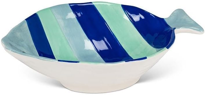 Abbott Collection Striped Fish Bowl, Large, 8.5-Inch, Blue, Aqua, Ceramic