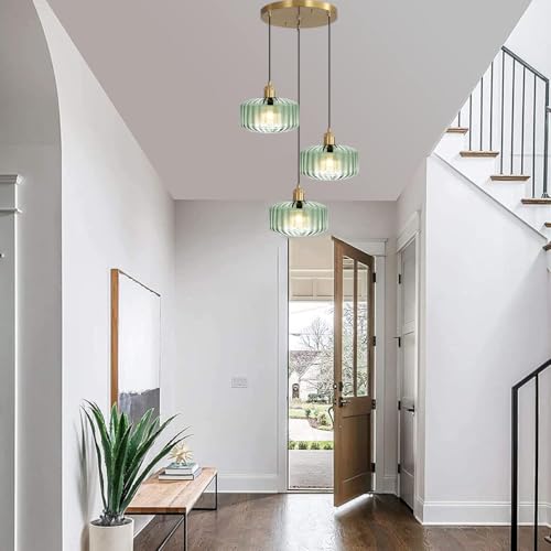 Image of Vintage Farmhouse Mint Green Ribbed Glass Pendant Light, Gold 3-Light Hanging Lamp for Kitchen Island Dining Room Breakfast Nook Pantry
