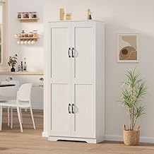 60" Freestanding Pantry Cabinet with Adjustable Shelves, White Kitchen Storage Cabinet with Doors, Modern Food and Bathroom Organizer for Small Spaces, Dining Room