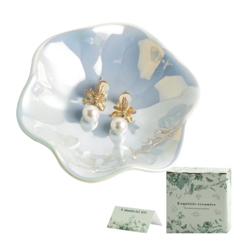 Image of Iridescent Blue Jewelry Dish Tray, Pearlescent Glaze Ring Dish, Ceramic Trinket Tray, Key Bowl, Aesthetic Nightstand Bathroom Room Decor Mothers Day Friendship Christmas Birthday Gifts for Women