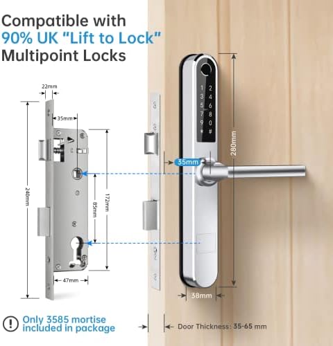Ruveno Slim Smart Fingerprint Door Lock with Handles, Keyless Entry Door Lock, Bluetooth Fingerprint Keypad Card Keyless Unlock for Aluminum Swing Wooden Door(Silver)