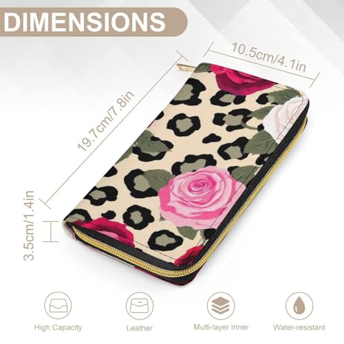 Women's Travel Zipper Purse Fashion Design, Huge Storage Capacity Purse, Cute Decor Wallet, Long PU Wallet Animal Rose Flowers Cheetah Leopard Print Floral2