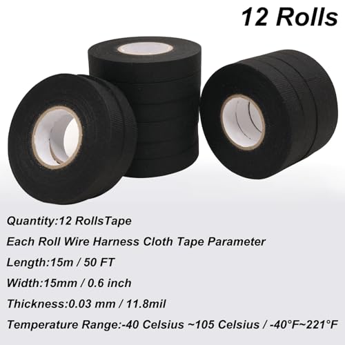 DUNTUO 3/5 Inch x 50 FT Self-Adhesive Fabric Wire Harness Tape - 12 Rolls Bulk Pack Automotive Electrical Cable Loom Wrap, High Temp Heat Resistant, Professional Mechanic Supply - Thumbnail 6