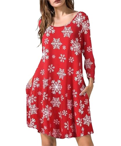 ABINGOO Damen Langärmeliges Weihnachtskleid Casual Rundhals Kleid Rentier Schneeflocken Druck Pulloverkleid Elegante Cocktailparty Weihnachten Kurzes...