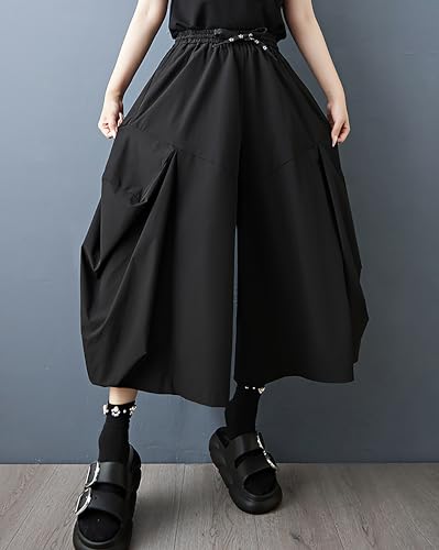 ellazhu Women's Pants Solid Elastic Waist Drawstring Two Side Pockets Plus Size Wide Leg Casual Loose Fashion GZ575 A4