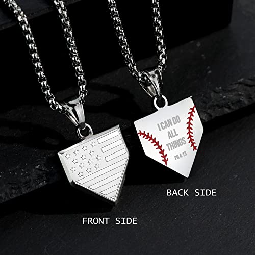 Baseball Home Plate Necklace for Men USA Flag Shield Pendant Stainless Steel Chain 22+2 inch Inspirational Bible Verse Baseball Gift Personalized Patriotic Jewelry for Men2