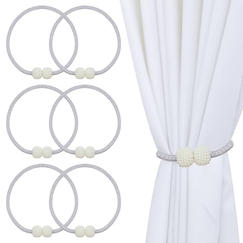 6 Pack Magnetic Curtain Tiebacks for Home Bedroom Office Window Décor, Modern Handmade Decorative Curtain Holdbacks for Curtains Draperies (Grey & White)