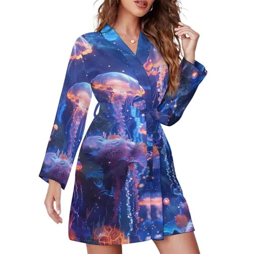 Colorful Glowing Jellyfish Fashion Long Sleeve Nightgowns for Women Spa Bath Robe Attached Belt Knee Length Loungewear M