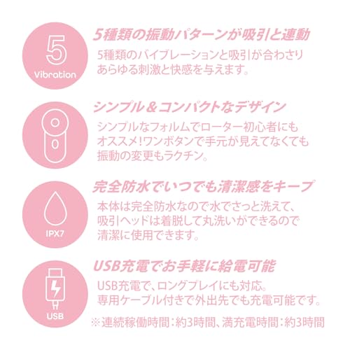 SSI JAPAN(国内ブランド) プチナイザー 完全防水(IPX7) 充電式 5段階吸引 女性用 ローター 吸うバイブ 静音 USB充電 - 画像5