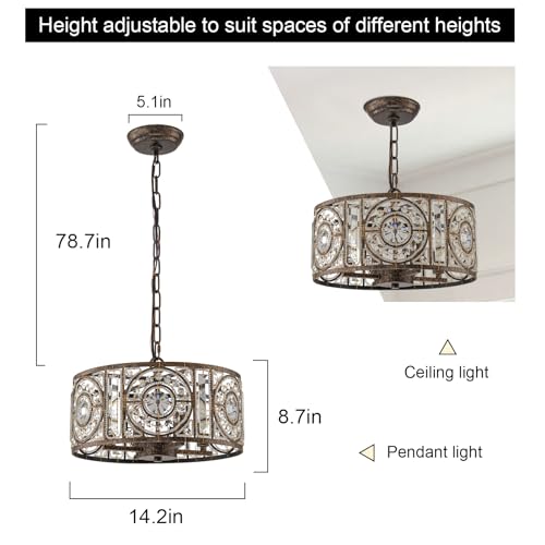 Image of Bronze Vintage Crystal Chandeliers for Dining Room 14.17 inch Drum Pendant Lights, Dining Room Light Fixtures Over Table, Hanging Chandelier for High Ceiling Kitchen Island Living Room Foyer