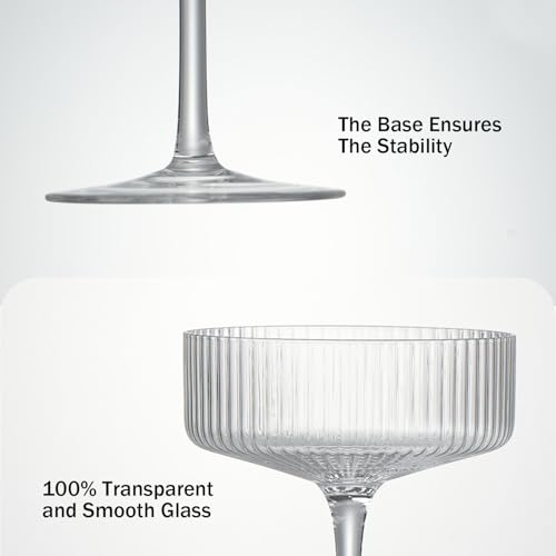 4 Pcs Ribbed Coupe Glasses, 10 oz Vintage Cocktail Coupe Glasses Set, Unique Martini Glass, Classic Galssware, Bar Drinking Glasses Set Pefect for Cocktail, Wine