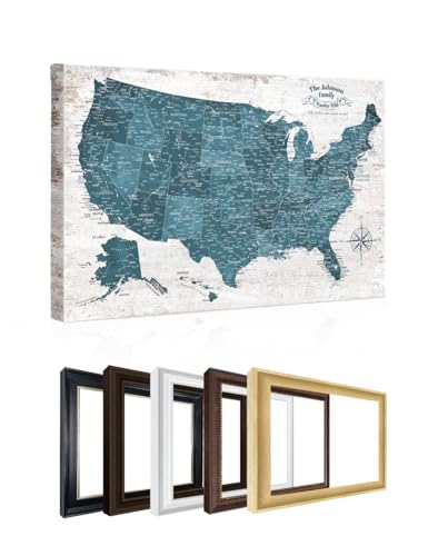Image of IPIC - Large Custom USA Map Wall Art, Push Pin Map with Custom Names to Track Your Travels, Vintage Teal Farmhouse Style Framed Canvas Wall Decor for Home, Office or RV, Ready to Hang