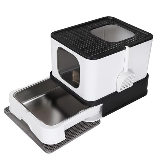 RIZZARI Stainless Steel Cat Box: Black Covered Litter Pan with High Walls - Large Capacity & Anti-Leak Tray - Non-Stick Teflon Coating Drawer for Quick Cleaning - for Living Room Garage