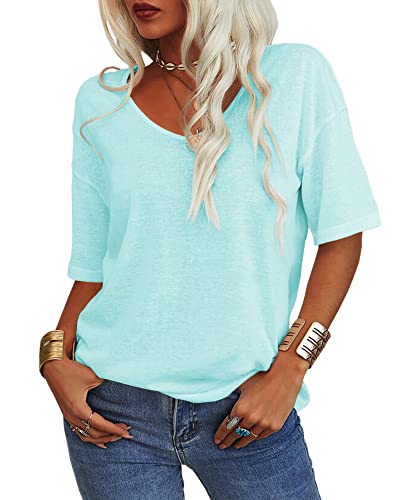 Tankaneo Women's 3/4 Sleeve Shirts V Neck Loose Fitting Tops Casual Solid Color Tshirts Trendy Basic Tunic Summer Ladies Tops Mint #TOP1