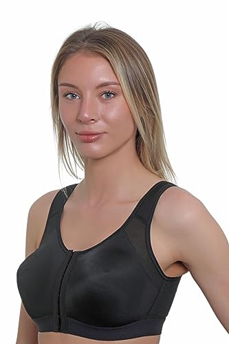 Gemm Bra - 46H Front Fastening Black Sports Bra for Women - Back Posture Support & High Impact