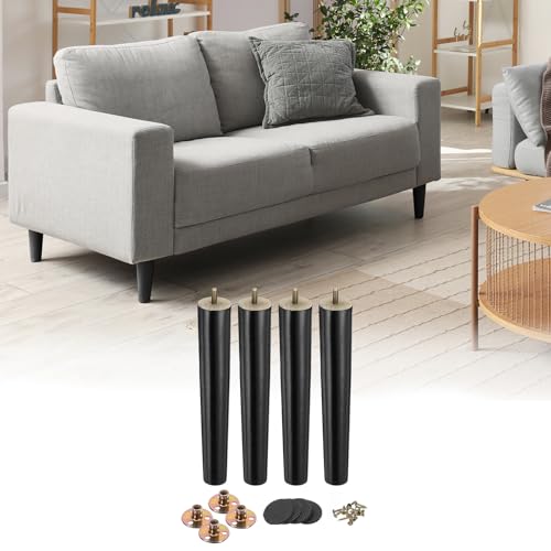 uxcell Paquete de 4 patas redondas de madera de 12 pulgadas, patas de repuesto para sofá, silla, cama, tocador, gabinete, color negro