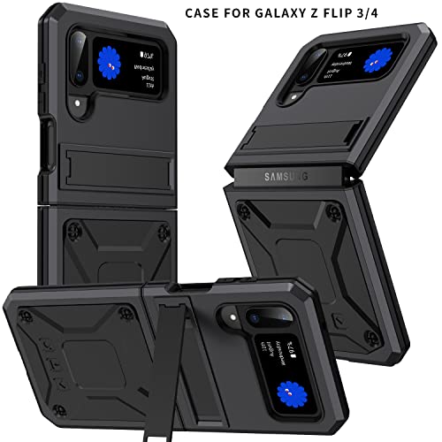 Compatible With Samsung Galaxy Z Flip 4/Z Flip 3 5G Metal Case Armor Aluminum Metal Military Case Heavy Duty Dustproof Dropproof Shockproof Protective Case With Kickstand (Black) #TOP1