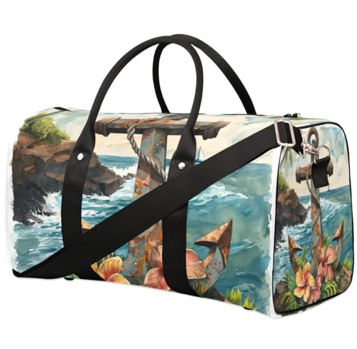 Travel Duffel Bag, Ocean Anchor Tropical Flower Sports Tote Gym Bag Foldable Western Aztec Weekender Bag Carry on Luggage Handle Bag Overnight Shoulder Bag for Women Men,A-485