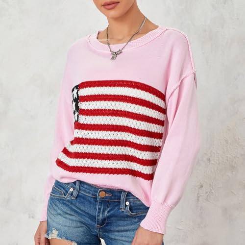 Image of Women American Flag Sweater Loose Vintage USA Sweatshirt Long Sleeve Crewneck Hollow Out 4th of July Jumper