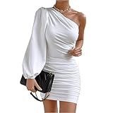 Fall Off The Shoulder Dresses for Women, Sexy Puff Long Sleeve Ruched Mini Dress, One Lantern Sleeve Short Cocktail Bodycon Dresses, Elegant Slim Fit Evening Hip Skirt for Party Club Wear Night Out