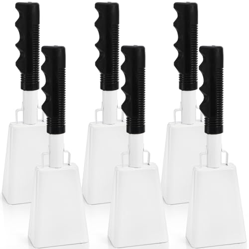 Peohud 6 Pack Cowbell with Handle, 10 Inch Cowbell for Sports, Loud Cheering Bell Hand Percussion Noise Makers for Football Games, Stadiums, Party, Concert, White