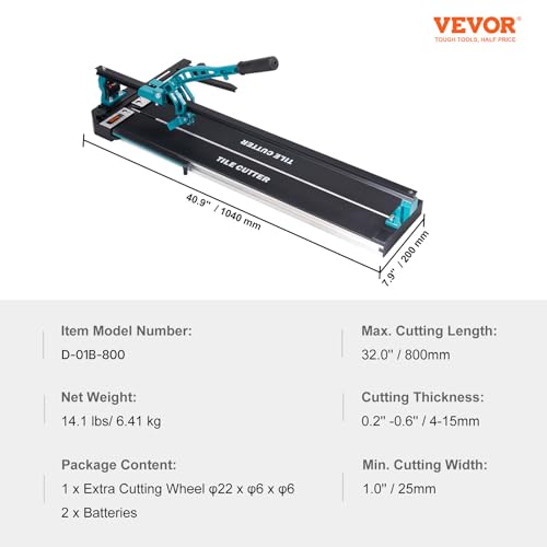 VEVOR Fliesenschneider mit einer Gesamtschnittlänge von 800mm, Schnittstärke 4-15mm Mindest. Schnittbreite 25mm Fliesenschneidmaschine inkl. Extra Schneidrad Fliesenverlegungs-& Renovierungsprojekten