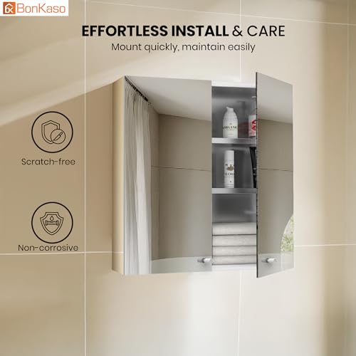 Image of BonKaso Premium SS 304 Bathroom Mirror Cabinet | Wall-Mounted Stainless Steel Storage Cabinet with Frameless Mirror (18x18 Inch, Chrome Finish)