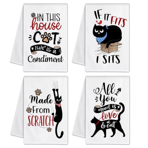 Bonsai Tree Cat Lover Gift for Mom Women, Cat Kitchen Decor Towels Set of 4