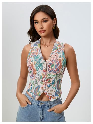 MakeMeChic Women's Boho Western Vest Tops Floral Embroidery Sleeveless V Neck Button Down Jacket Waistcoat4
